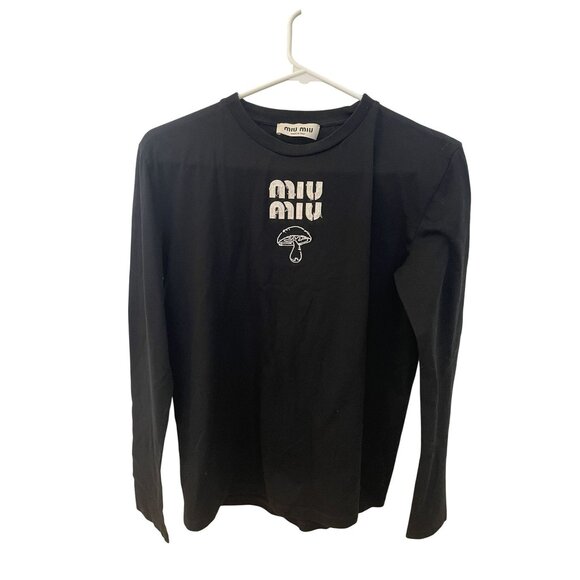 Miu Miu Black Long Sleeve Shirt With Embroidered Logo & Mushroom Graphic Size Me - Picture 1 of 7
